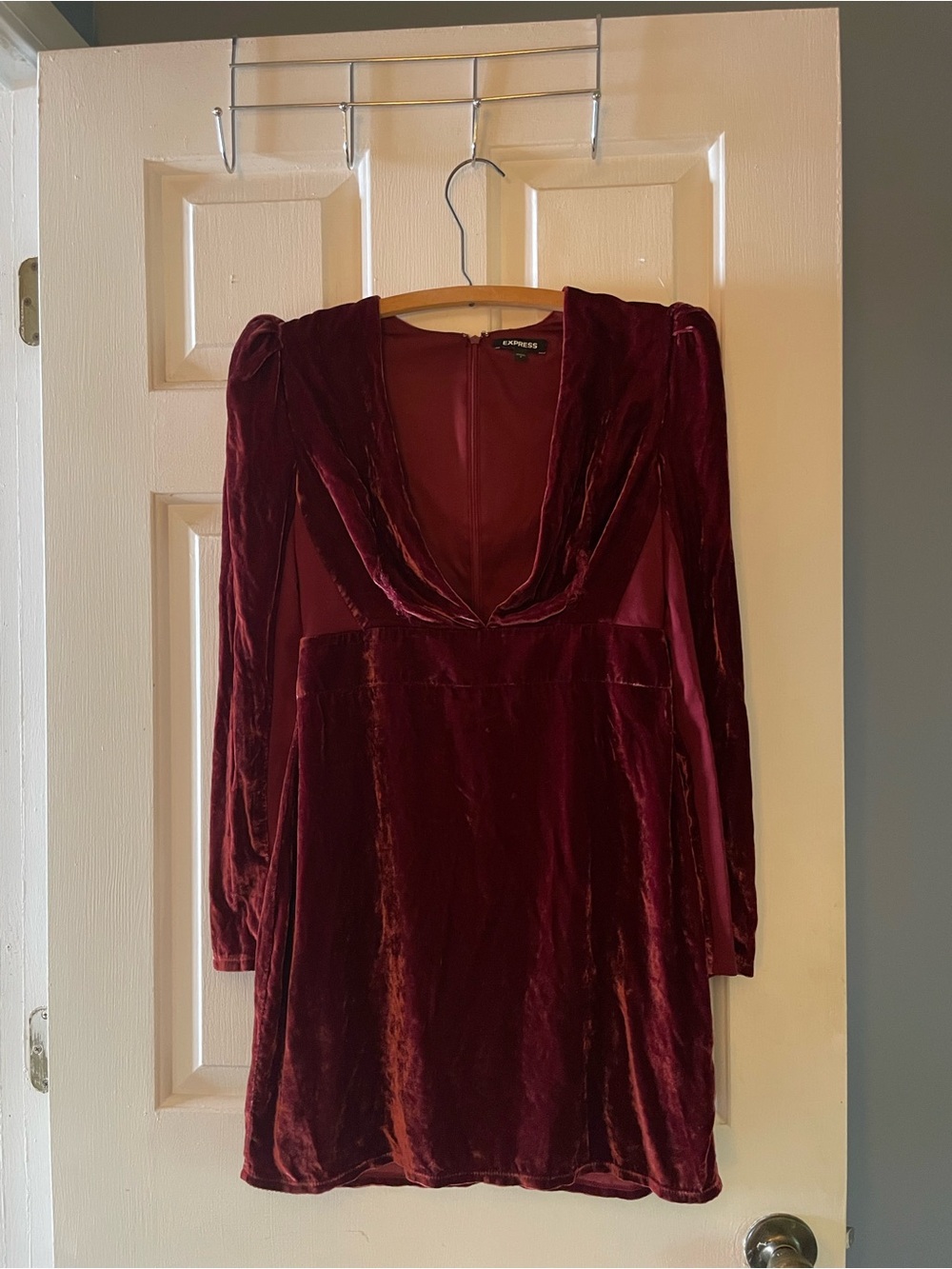 Express Velvet Long-Sleeve Mini Dress in Deep Burgundy
